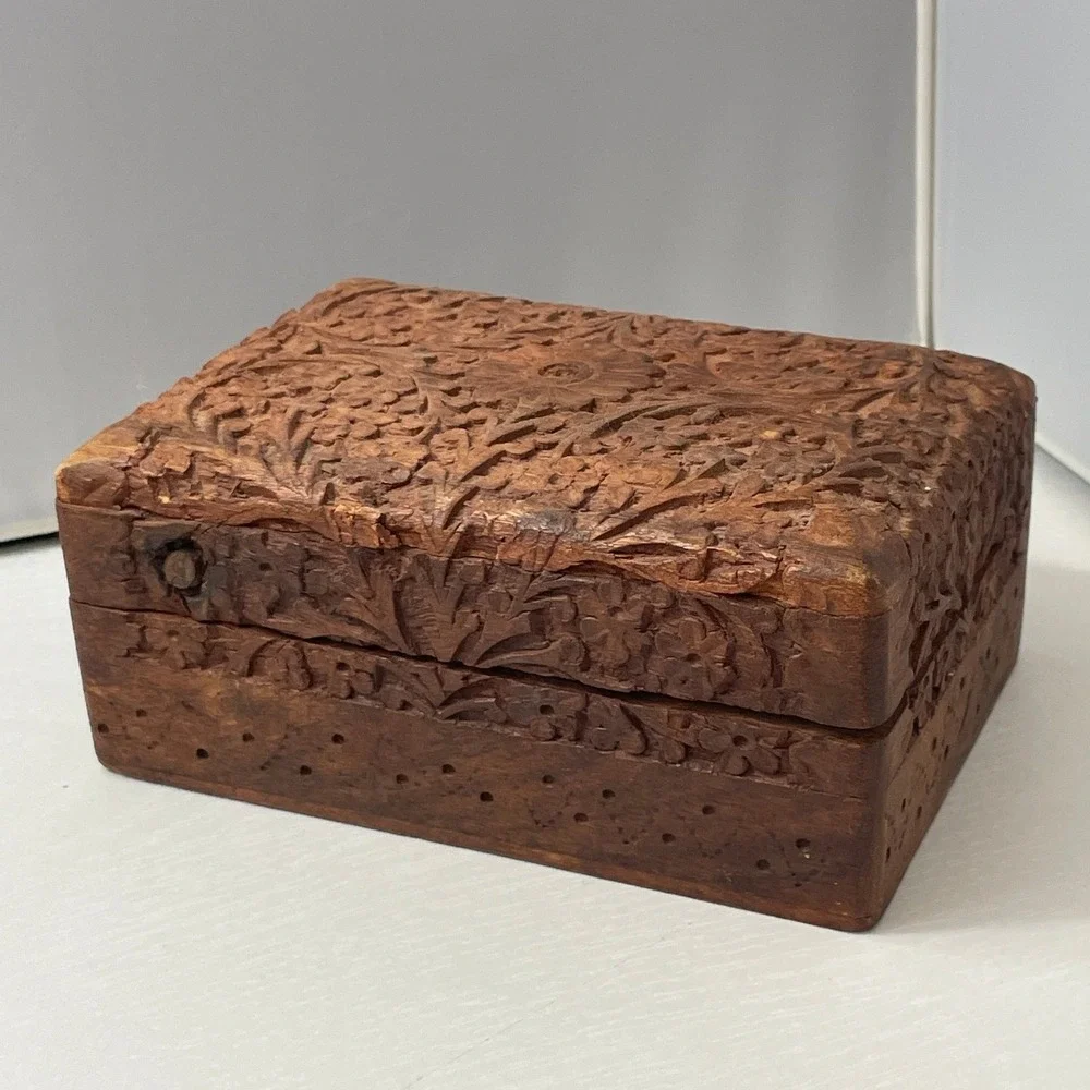 Vintage Carved Wooden Box Jewelry Trinket Floral